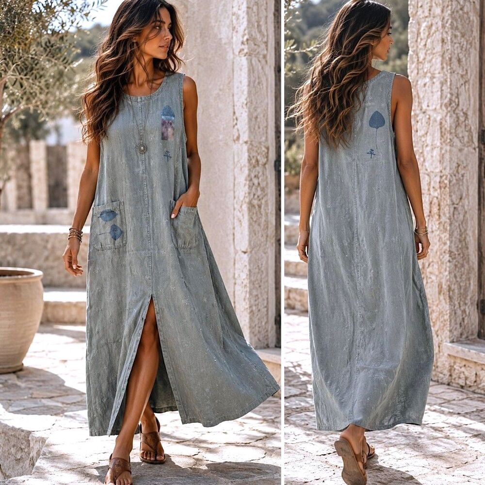 Lagenlook XL Cotton Green Maxi Dress USA Artsy Y2K Pocket Cottagecore Minimalist
